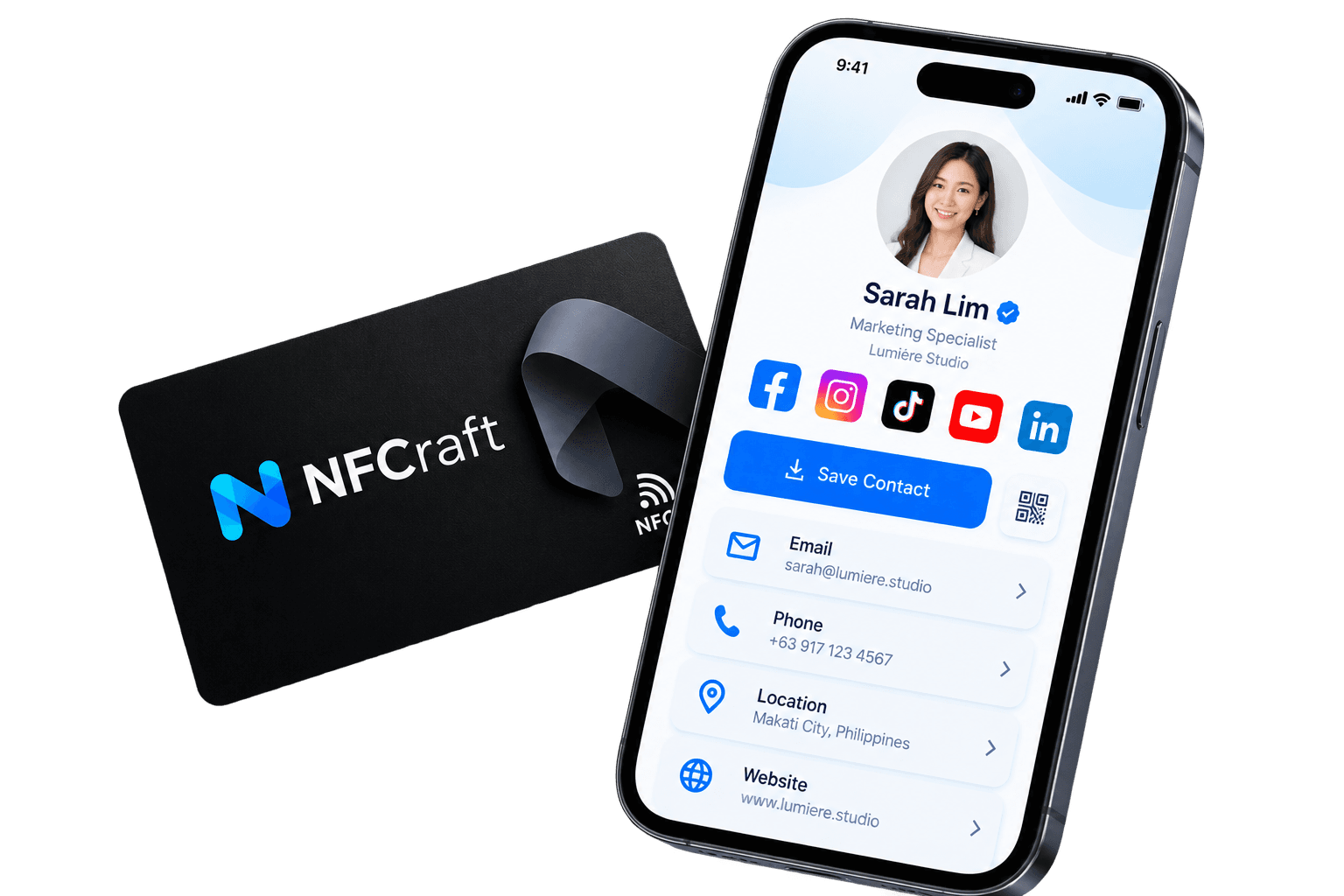 NFCraft smart NFC card next to a phone showing a digital business profile